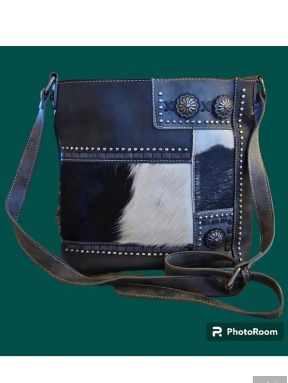 TRINITY RANCH Black and Gray Western Cowhide Studded Concho Crossbody Bag